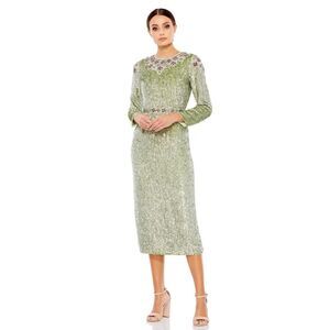 MAC DUGGAL 93568 Sage Green floral tea length  Dress Embellished Long Sleeve 18